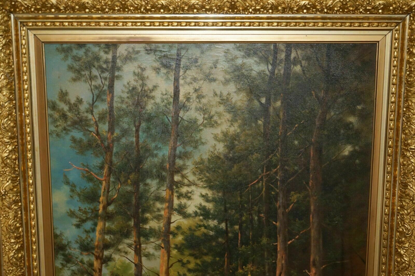 128cm Tall Continental Painting Of A Forest, Mother & Daughter Metal Gilt Frame photo vinterior