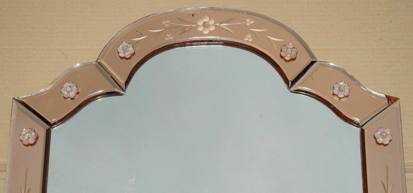 Antique Sublime 1920 Art Deco Peach Glass Venetian Dressing Table Vanity Mirror photo vinterior