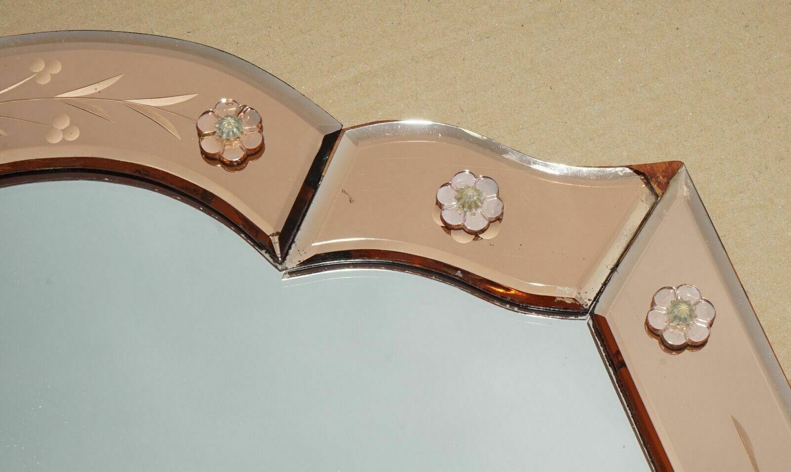 photo for sale Antique Sublime 1920 Art Deco Peach Glass Venetian Dressing Table Vanity Mirror