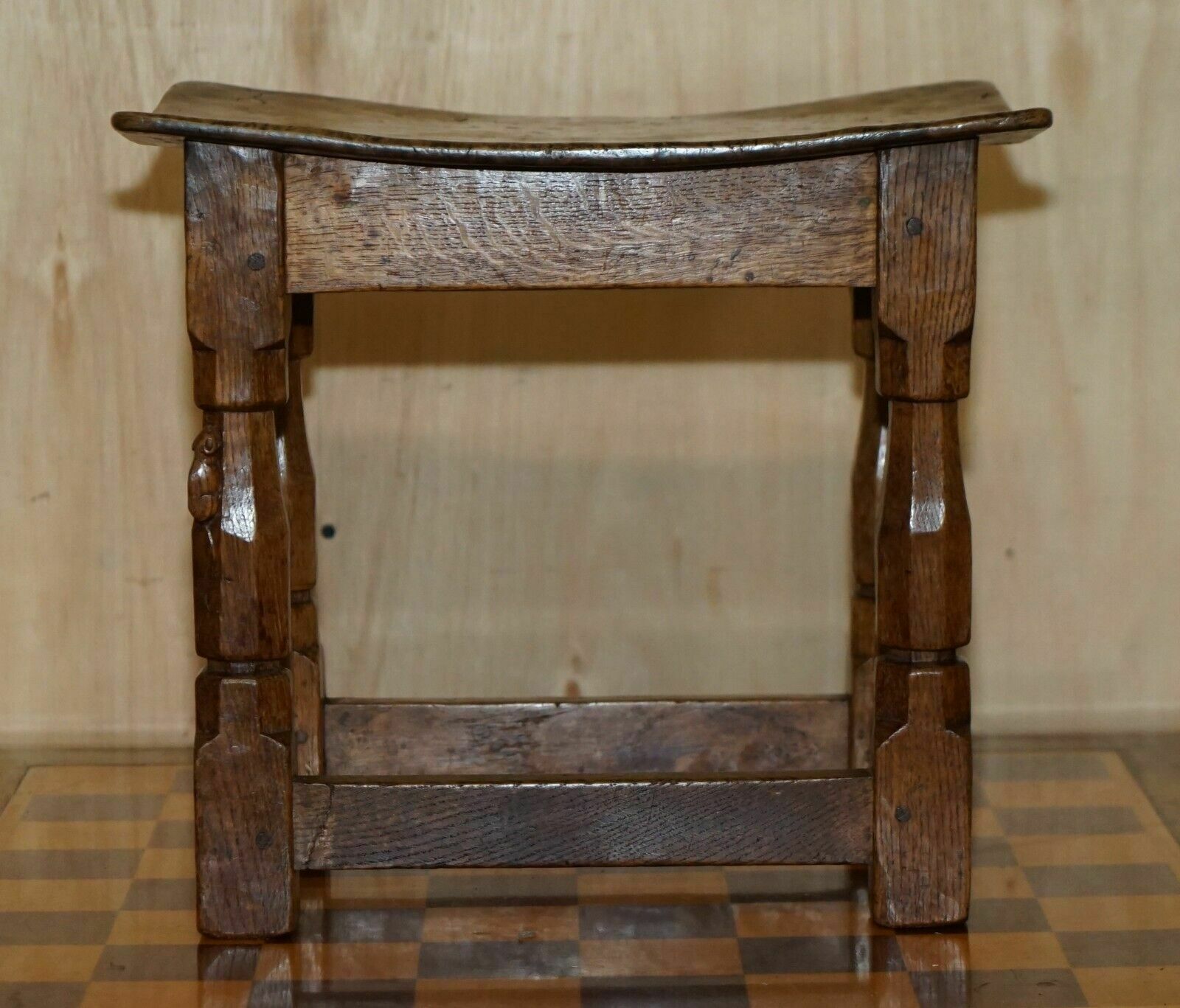 Original 1930's Burr Oak Robert Mouseman Thompson Stool With Period Curved Top photo for sale