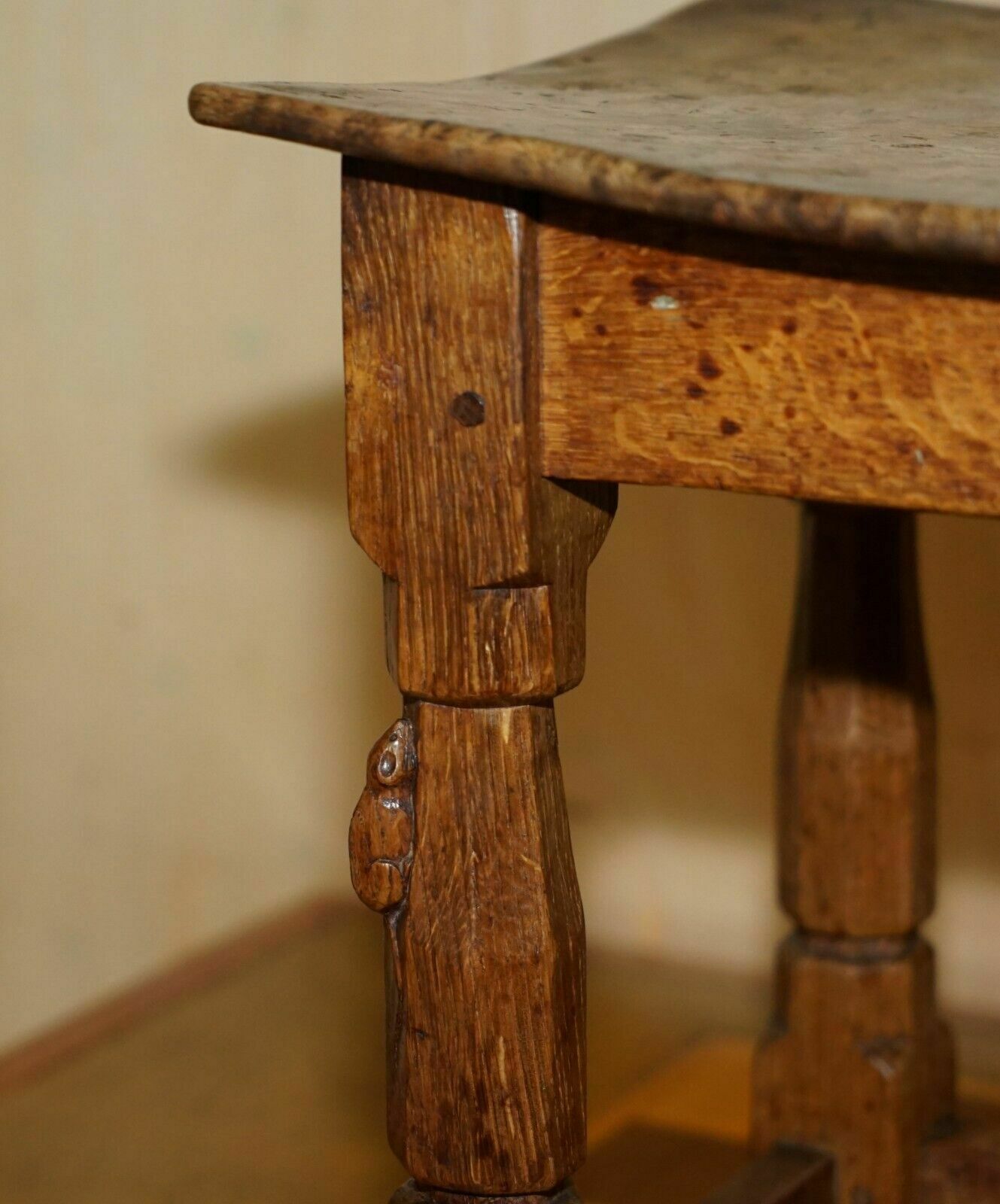 photo vinterior Original 1930's Burr Oak Robert Mouseman Thompson Stool With Period Curved Top