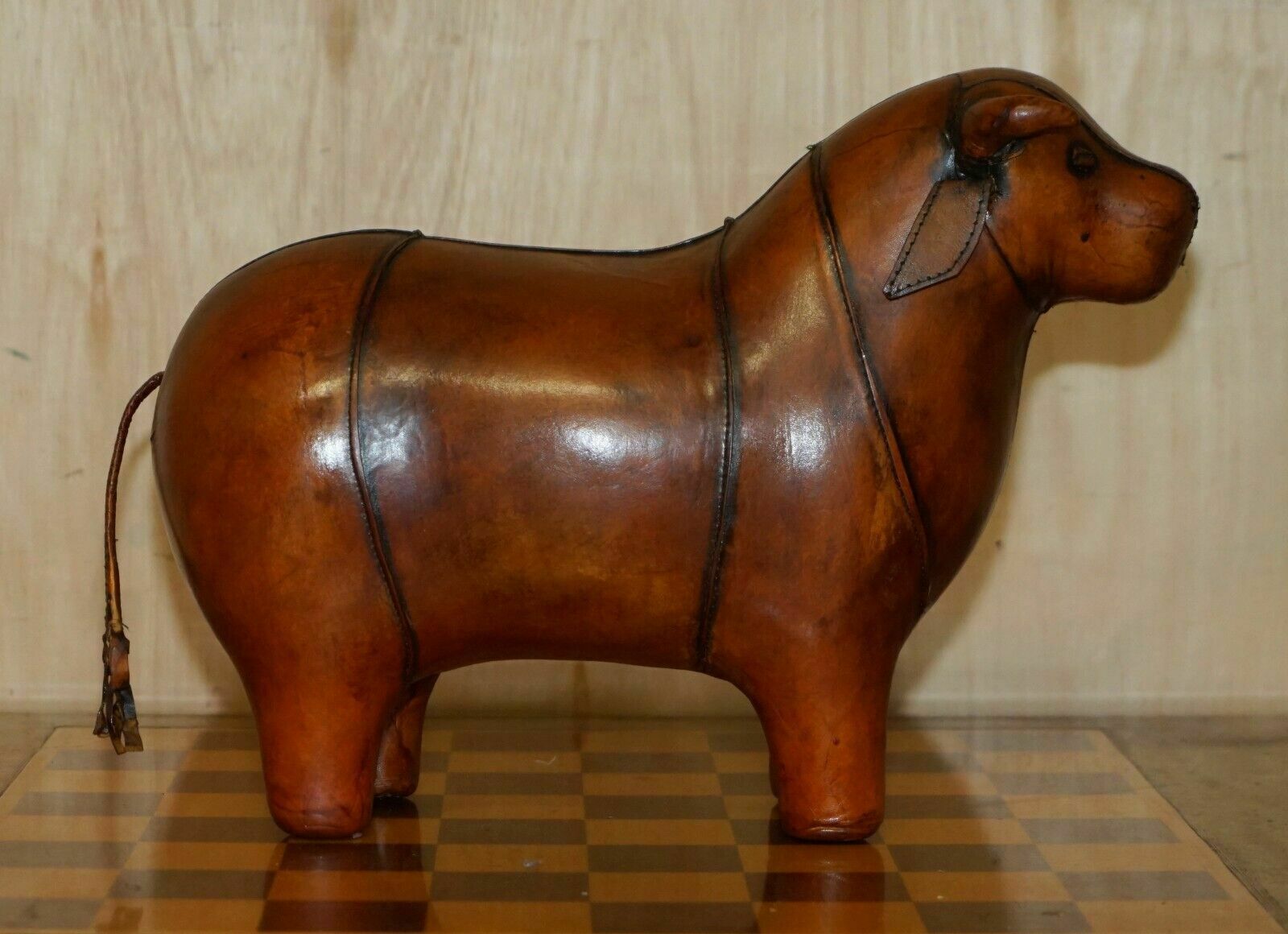 Medium New Old Stock Liberty Style Omersa Brown Bull Cow Leather  Footstool photo furniture