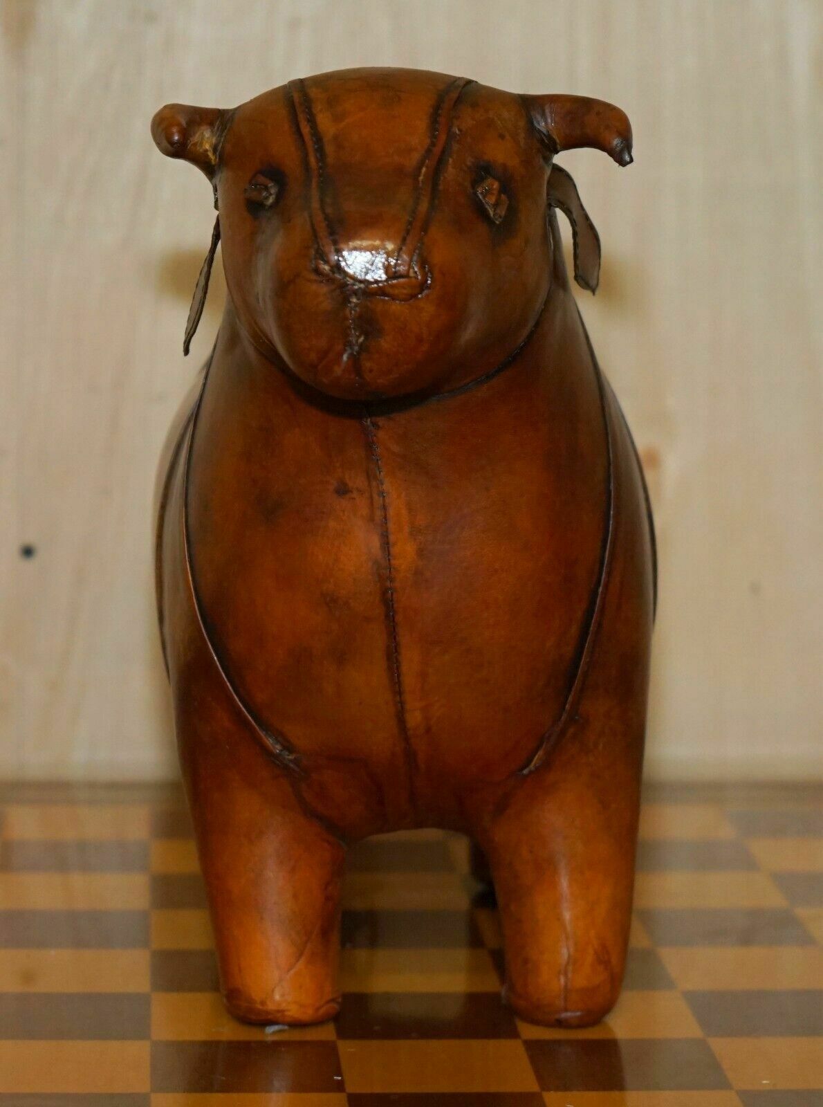 photo vinterior Medium New Old Stock Liberty Style Omersa Brown Bull Cow Leather  Footstool