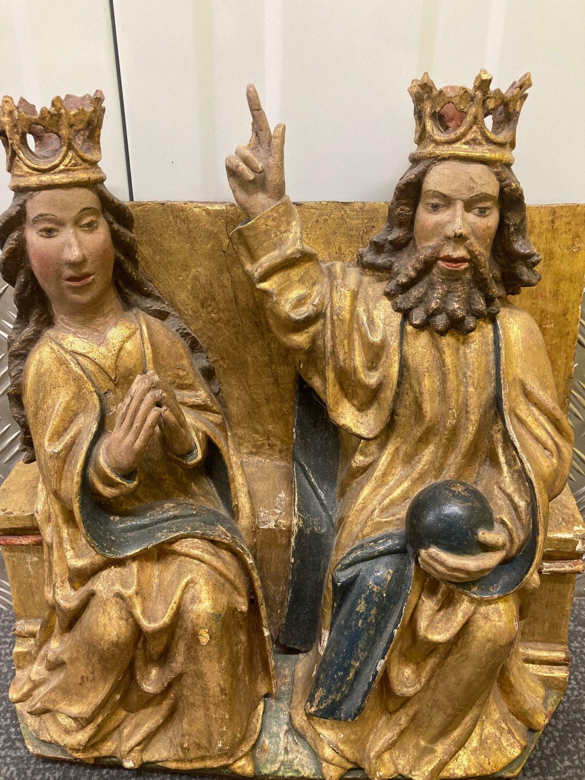 16th Century Giltwood And Polychrome Group Carving – 'God And Mary' photo for sale