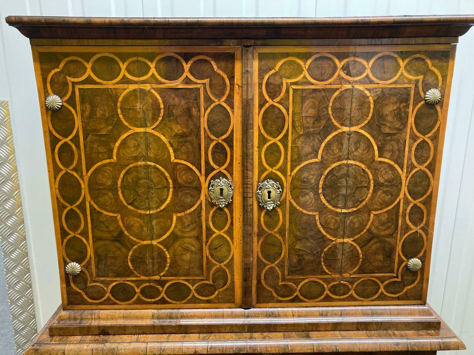 William & Mary Walnut Oyster Veneer Cabinet On Stand photo for sale