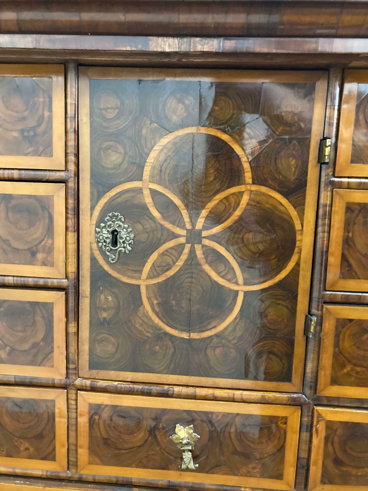 William & Mary Walnut Oyster Veneer Cabinet On Stand photo vintage