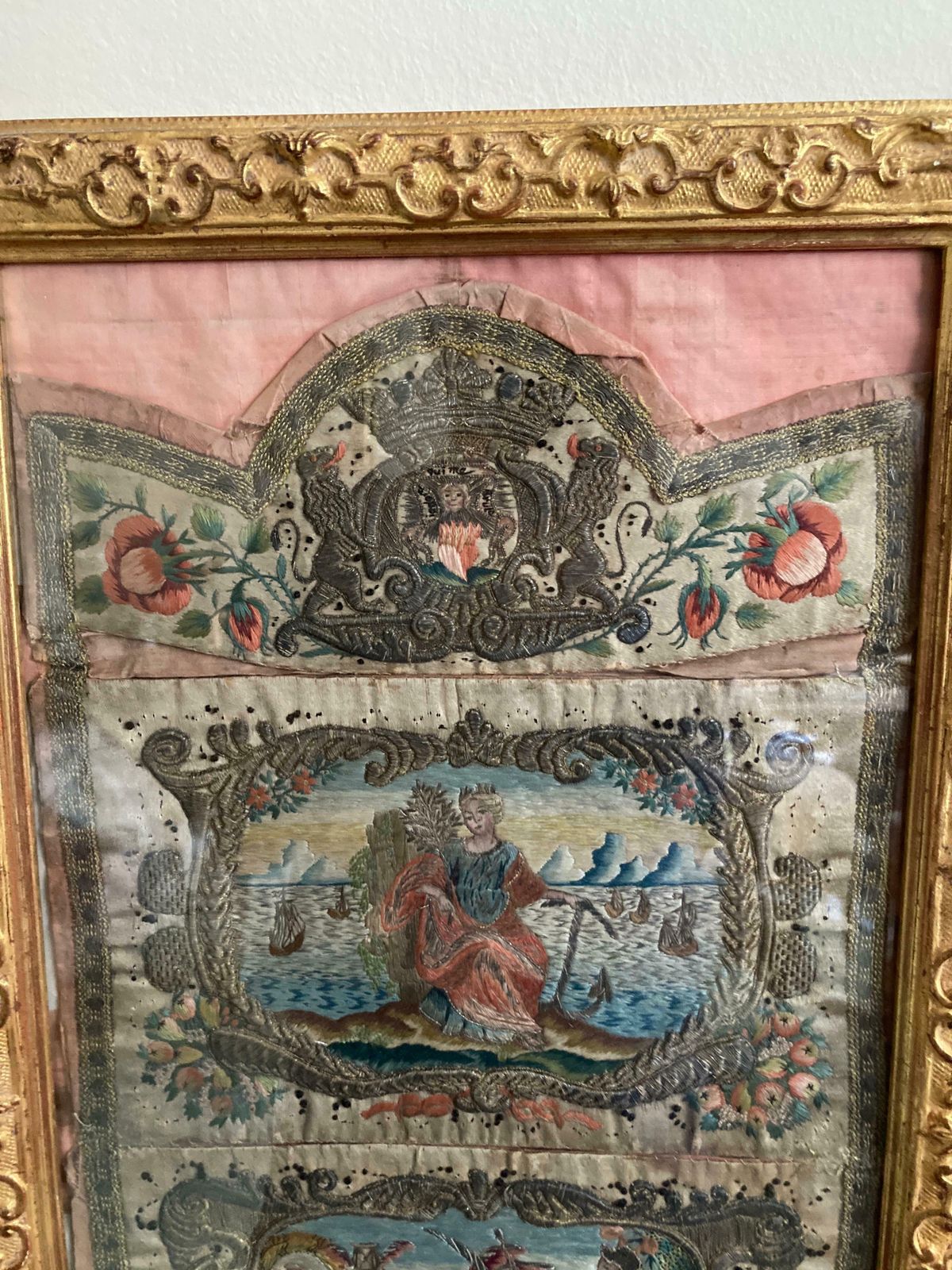 Framed Dutch 18th Century Silk And Metal Thread Embroidery photo for sale