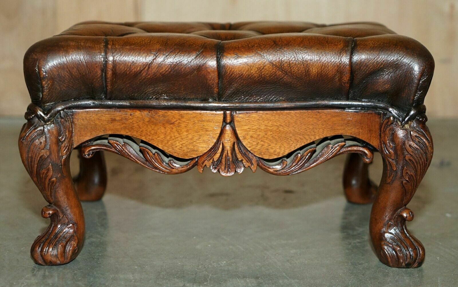 Fine Pair Of Ornate Hand Carved Victorian Brown Leather Chesterfield Footstools photo vintage