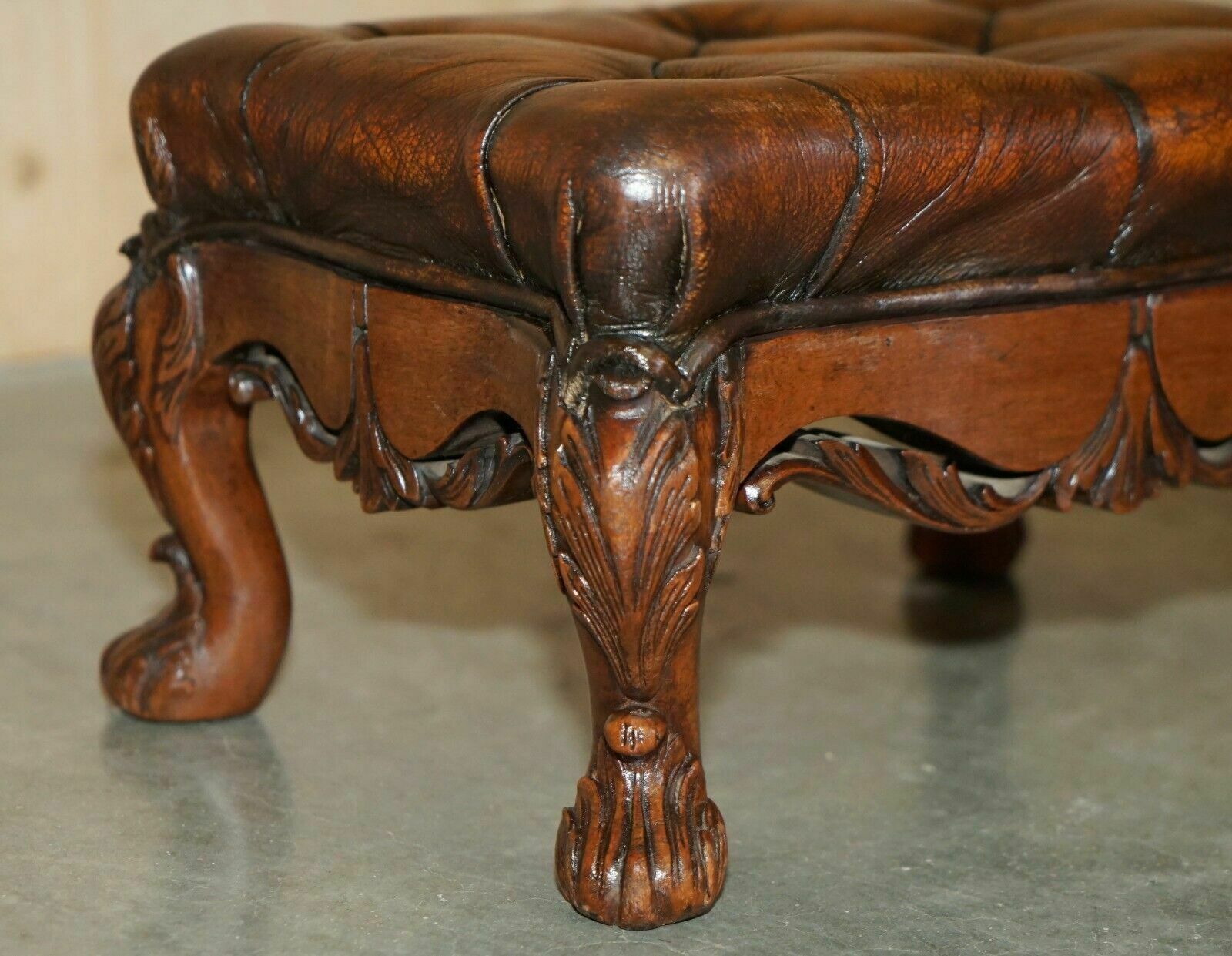 photo for sale Fine Pair Of Ornate Hand Carved Victorian Brown Leather Chesterfield Footstools
