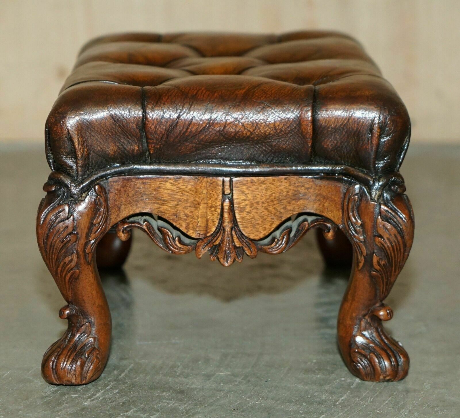 Furniture Fine Pair Of Ornate Hand Carved Victorian Brown Leather Chesterfield Footstools photo