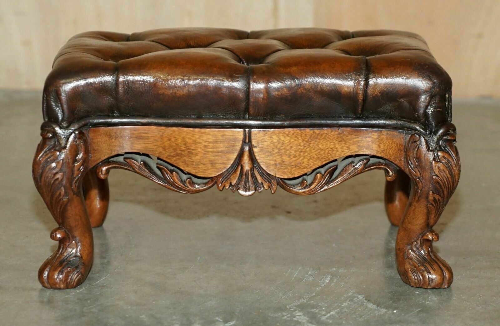 photo buy Fine Pair Of Ornate Hand Carved Victorian Brown Leather Chesterfield Footstools