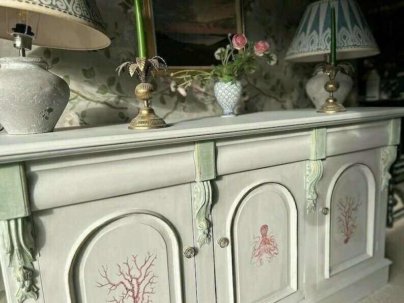 Antique French Grey Sideboard / Long Sideboard/ Painted Upcycled Sideboard photo for sale