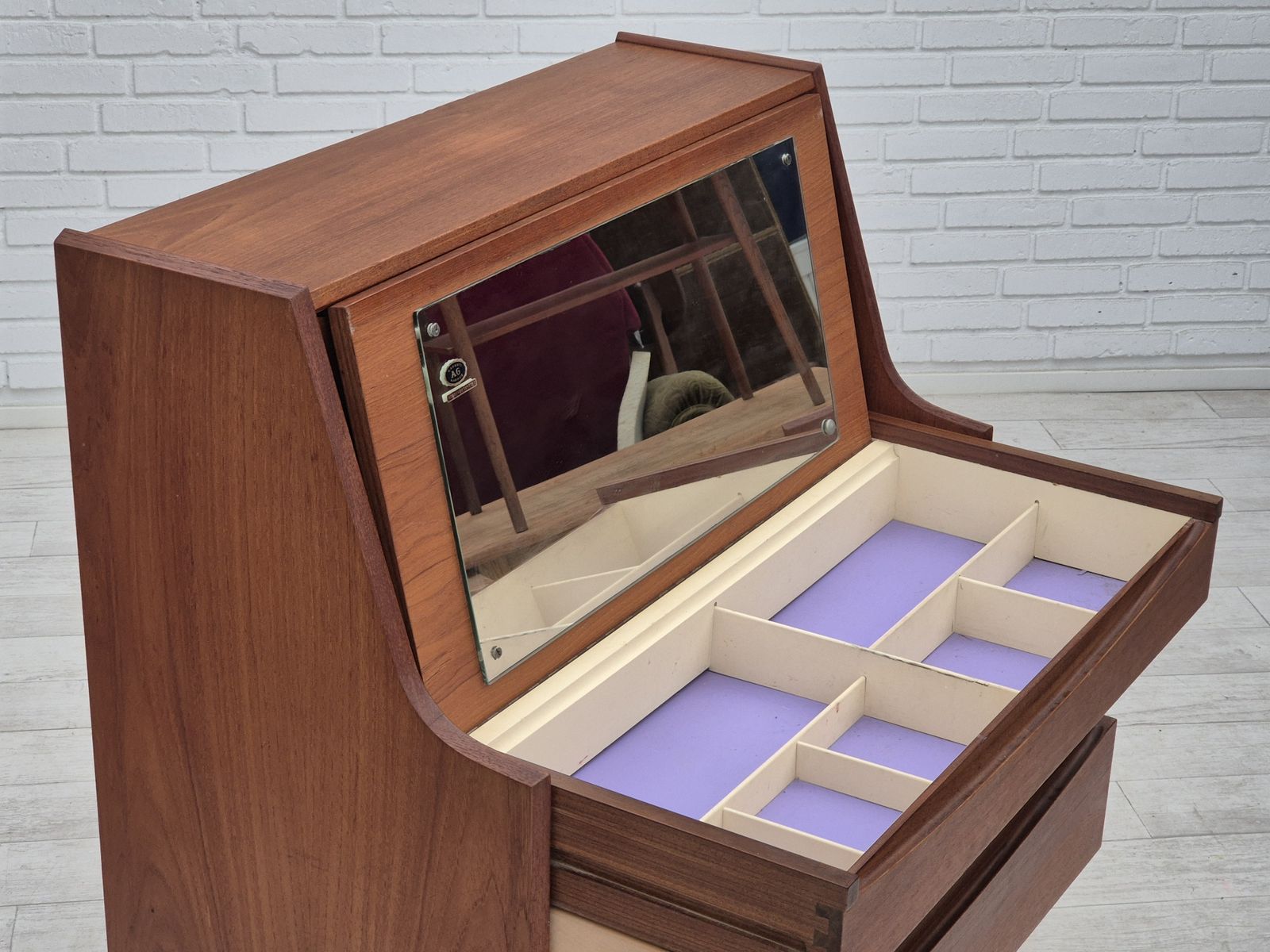 photo buy 1960s, Danish Chest Of Drawers, Original Condition, Foldable Mirror, Solid Teak Wood.