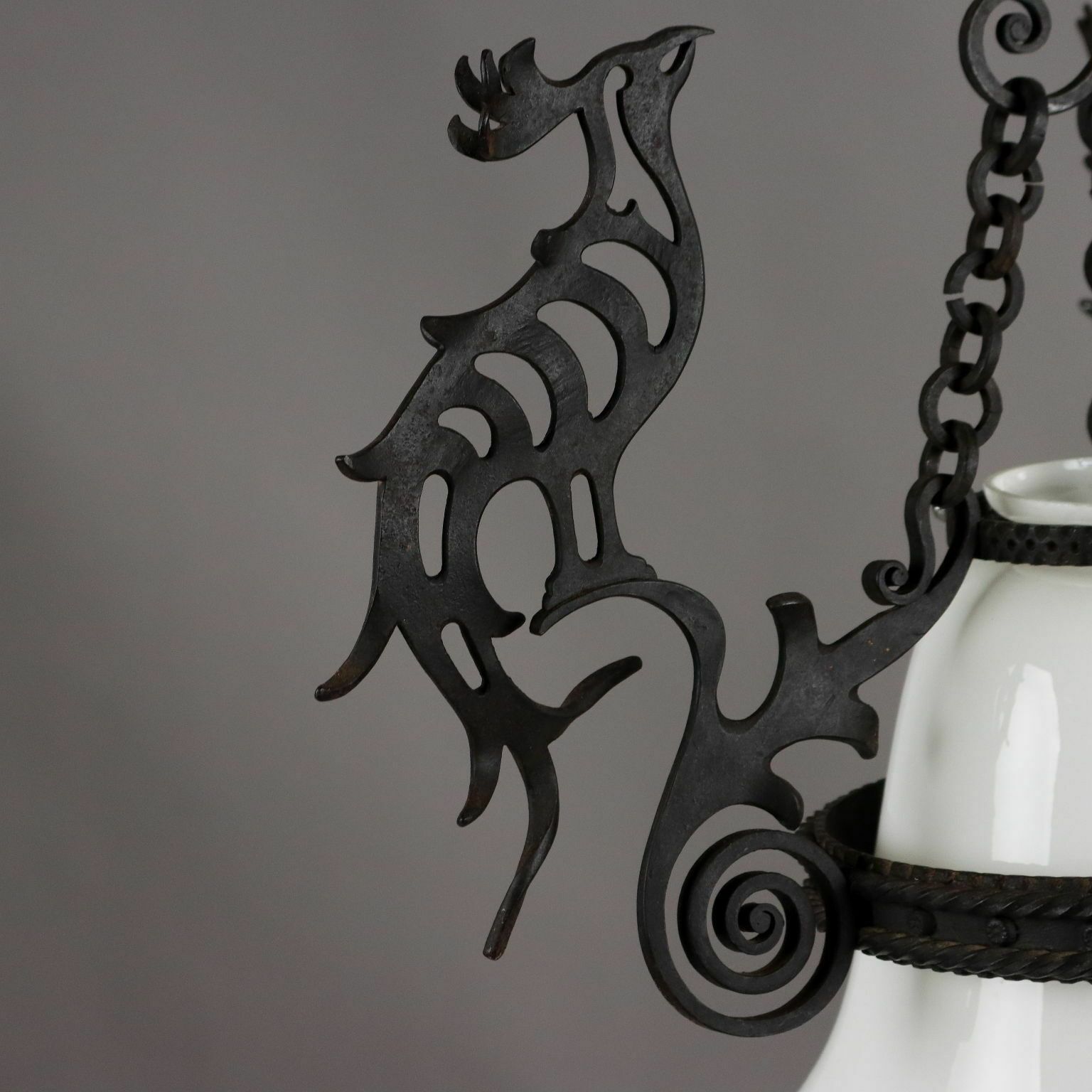 Antique Chandelier Wrought Iron Glass Italy XX Century photo for sale