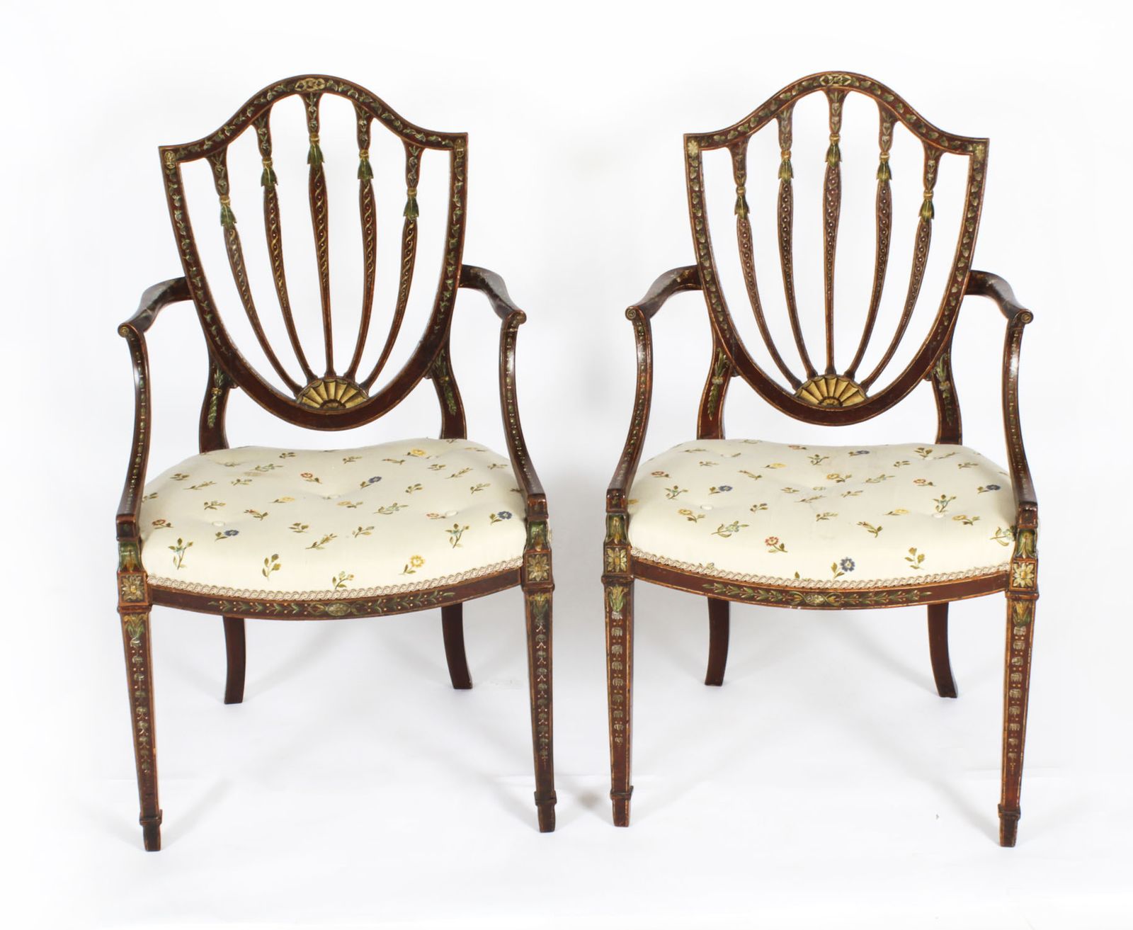 Antique Pair George III Polychrome Decorated Open Armchairs C1785  18th C