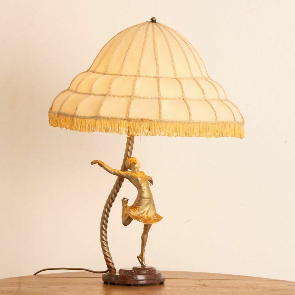 Large Art Deco Sculptural Lamp Of A Female Skater On Stepped Marble Base C.1930 photo for sale