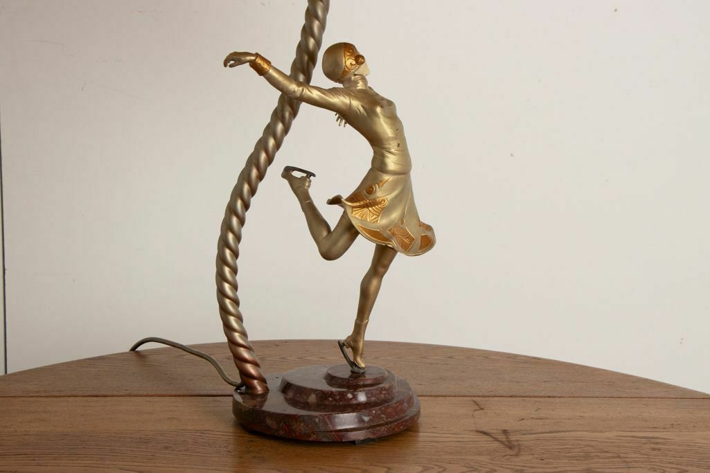 photo furniture Large Art Deco Sculptural Lamp Of A Female Skater On Stepped Marble Base C.1930