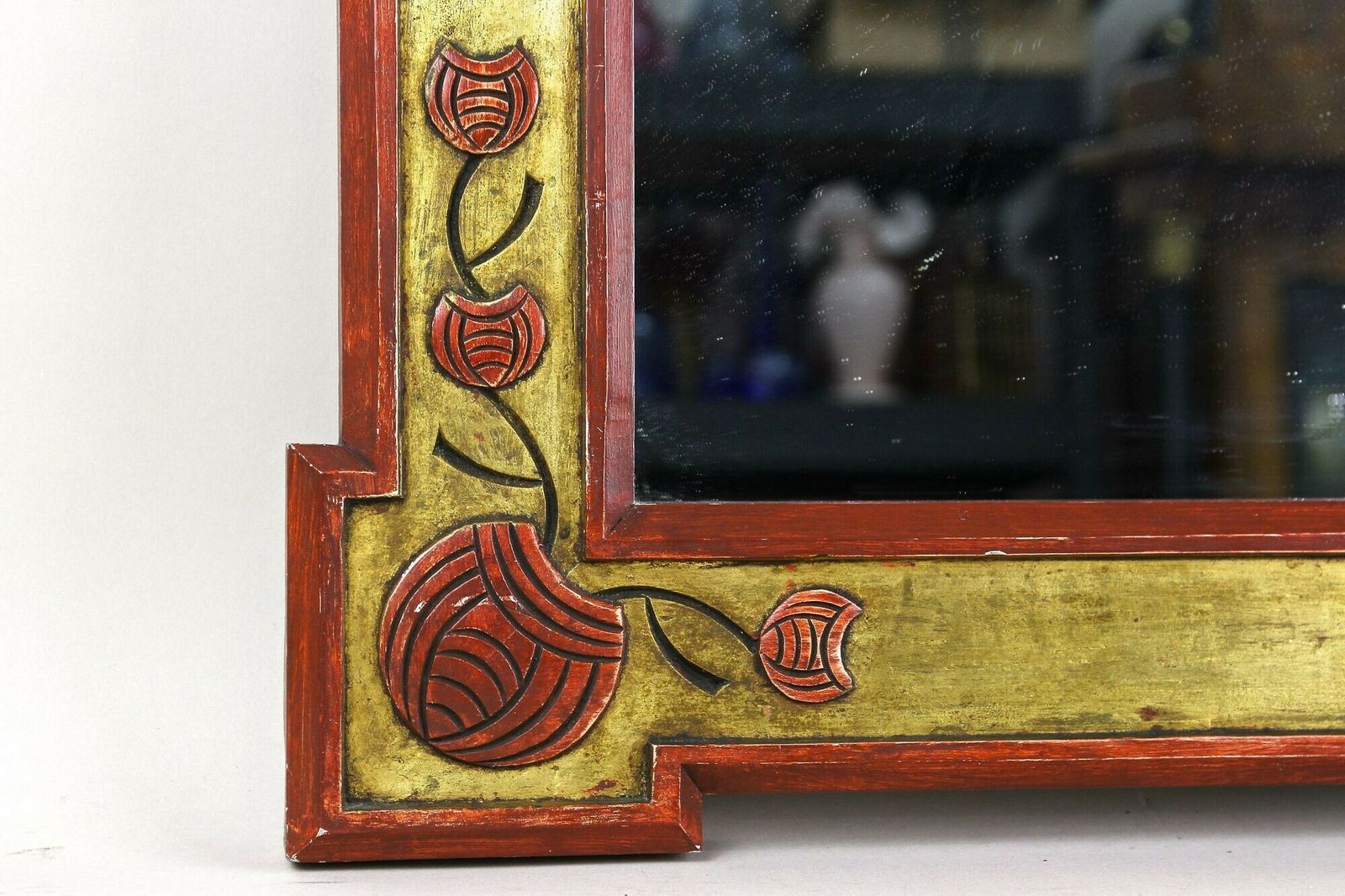 20th Century Art Nouveau Gilt/ Red Wall Mirror With Floral Carvings, At Ca. 1900 photo vintage