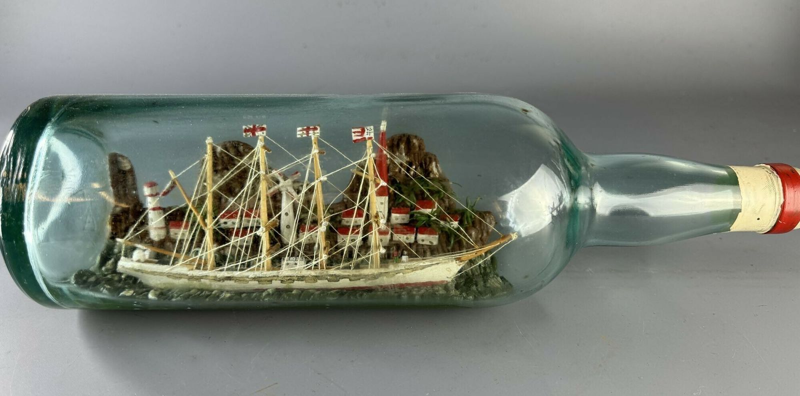 Vintage Folk Art Ship In A Bottle Of A Four Masted Sailing Vessel photo Home Decor