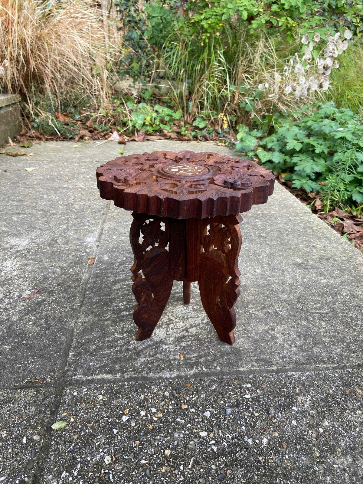 Dinky Carved Vintage Wooden Table, Folding Table, Plant Stand