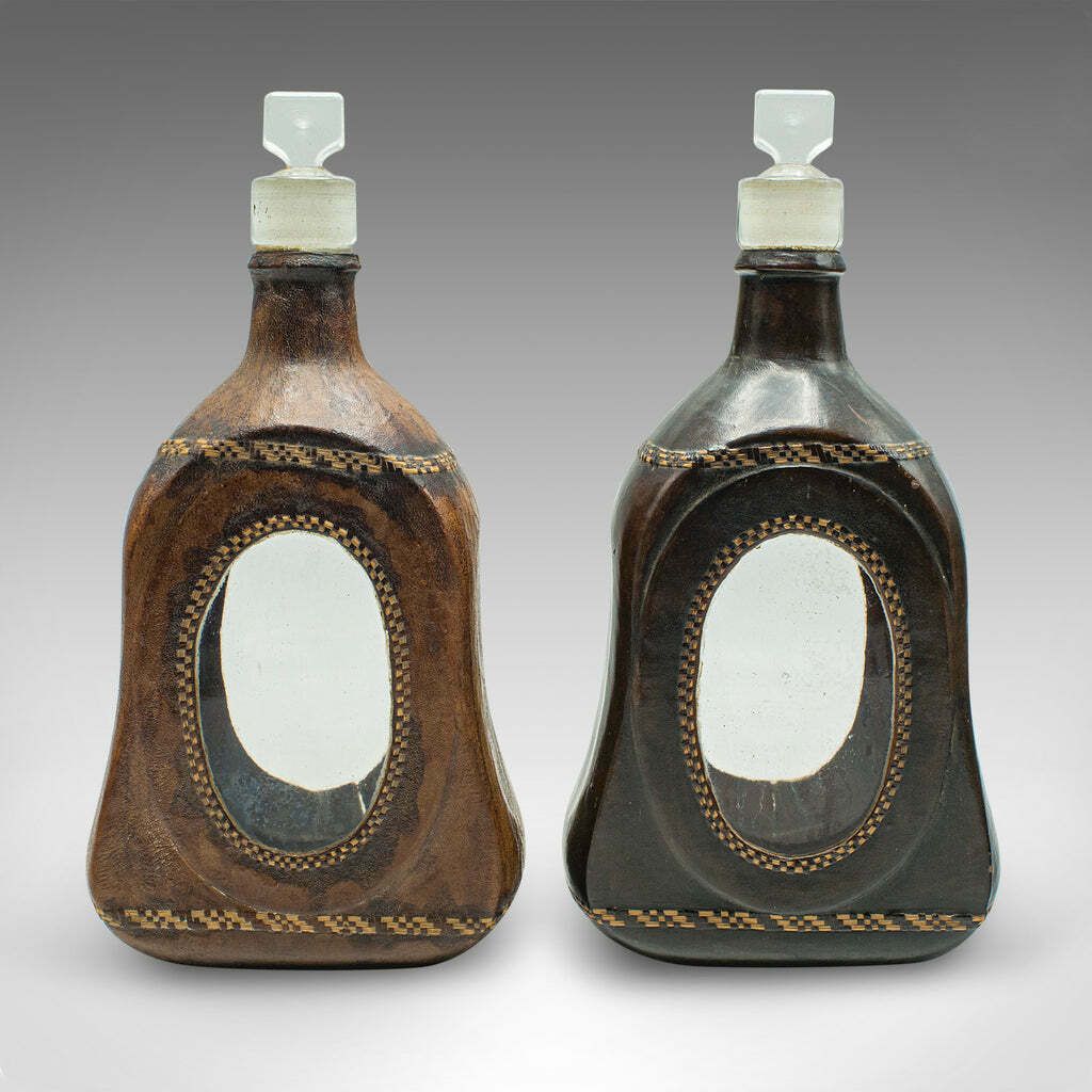 Set Of 4 Antique Spirit Bottles, English, Leather, Glass Decanter, Victorian photo furniture