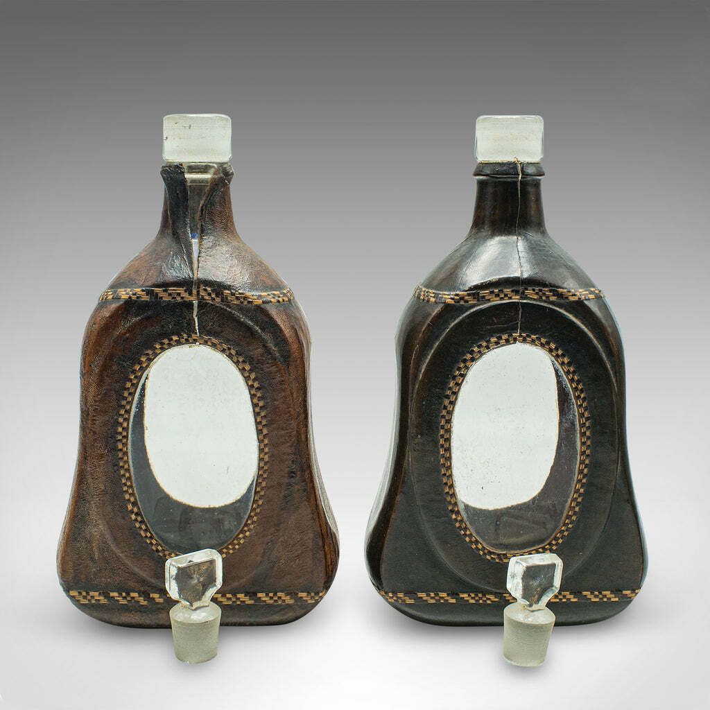 Set Of 4 Antique Spirit Bottles, English, Leather, Glass Decanter, Victorian photo for sale