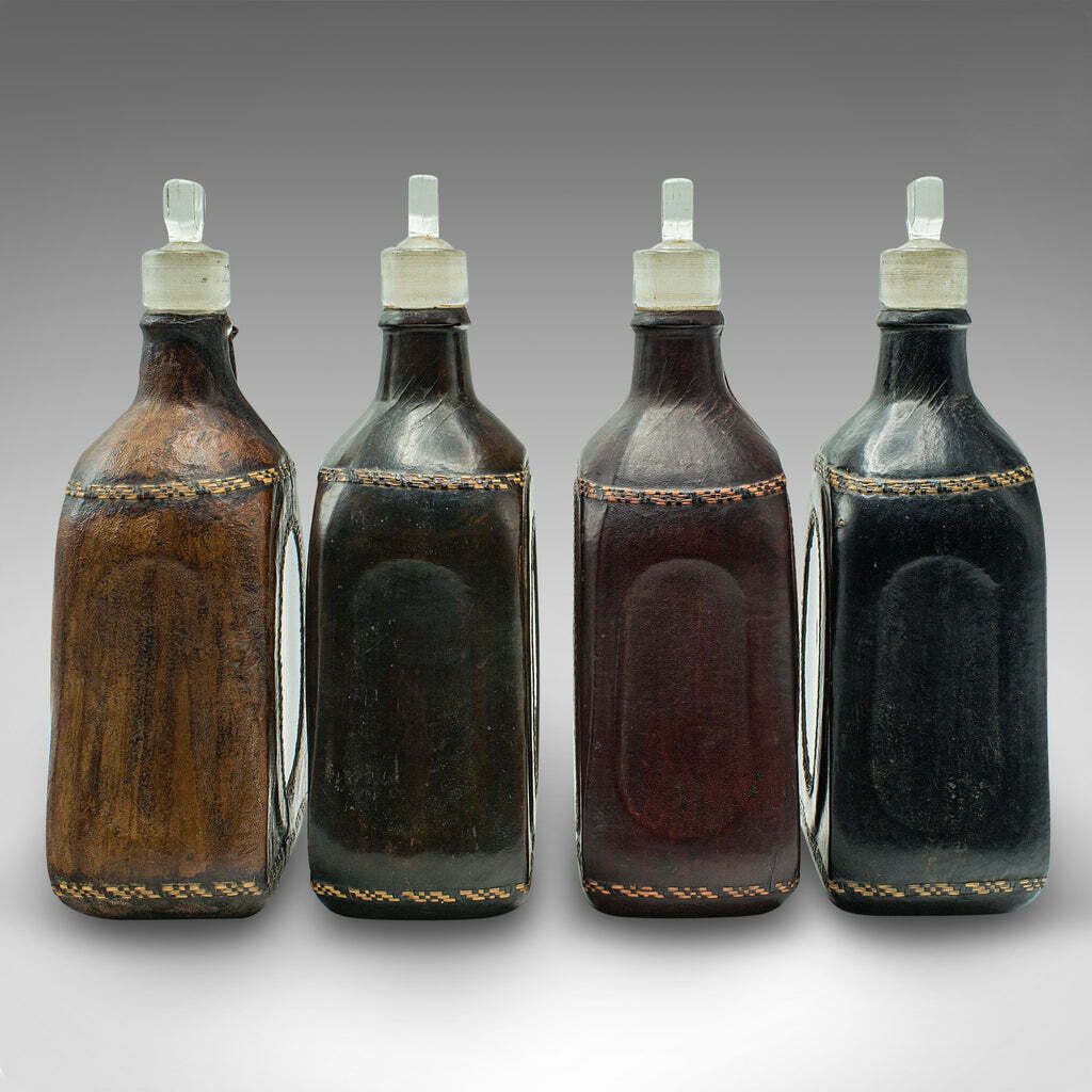Set Of 4 Antique Spirit Bottles, English, Leather, Glass Decanter, Victorian photo vinterior