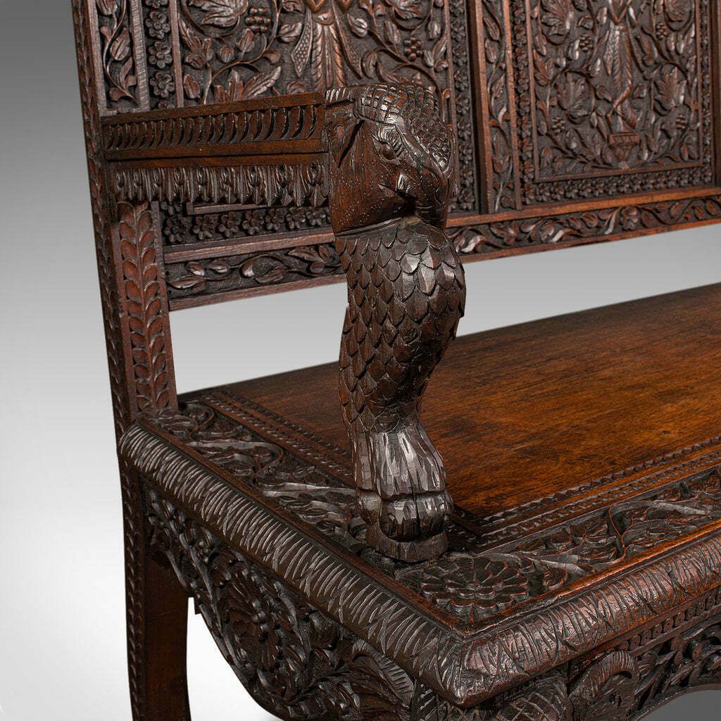 photo for sale Large Antique Veranda Bench, Ceylon, Teak, 3 Seater, Ornate Seat, Victorian