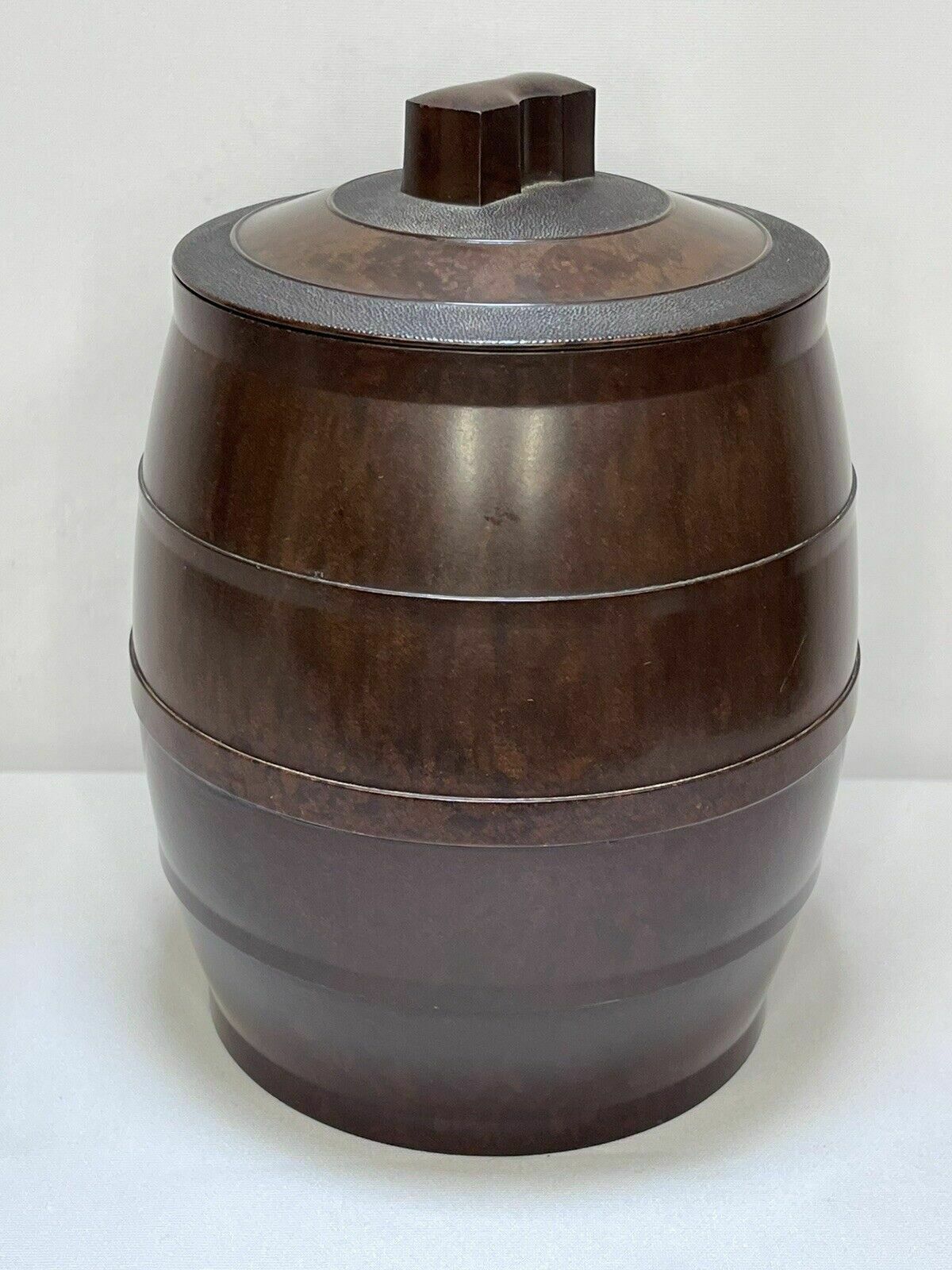 Vintage 1940s Airtite Velos Bumper Barrel Brown Bakelite Tobacco Jar With Lid photo for sale