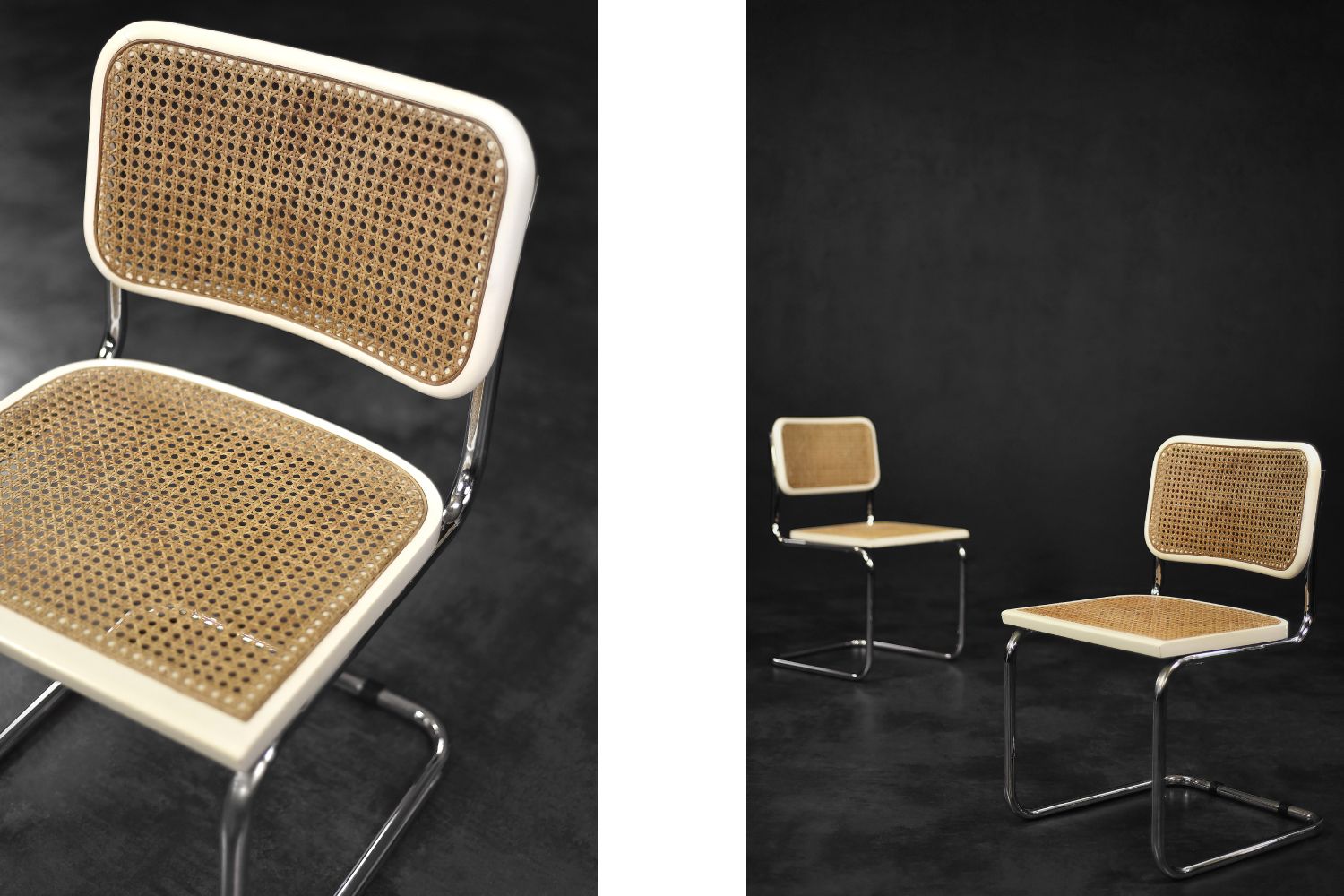 Mid Century Italian Modern White Wood & French Wicker Chairs, 1980s, Set Of 2 photo vintage