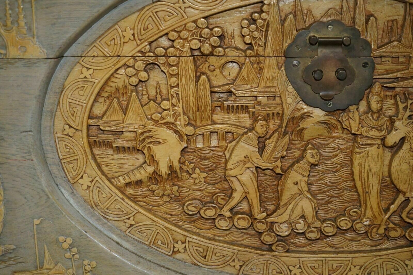 Antique Circa 1920's Chinese Export Heavily Carved Camphor Wood Linen Toy Chest photo Furniture