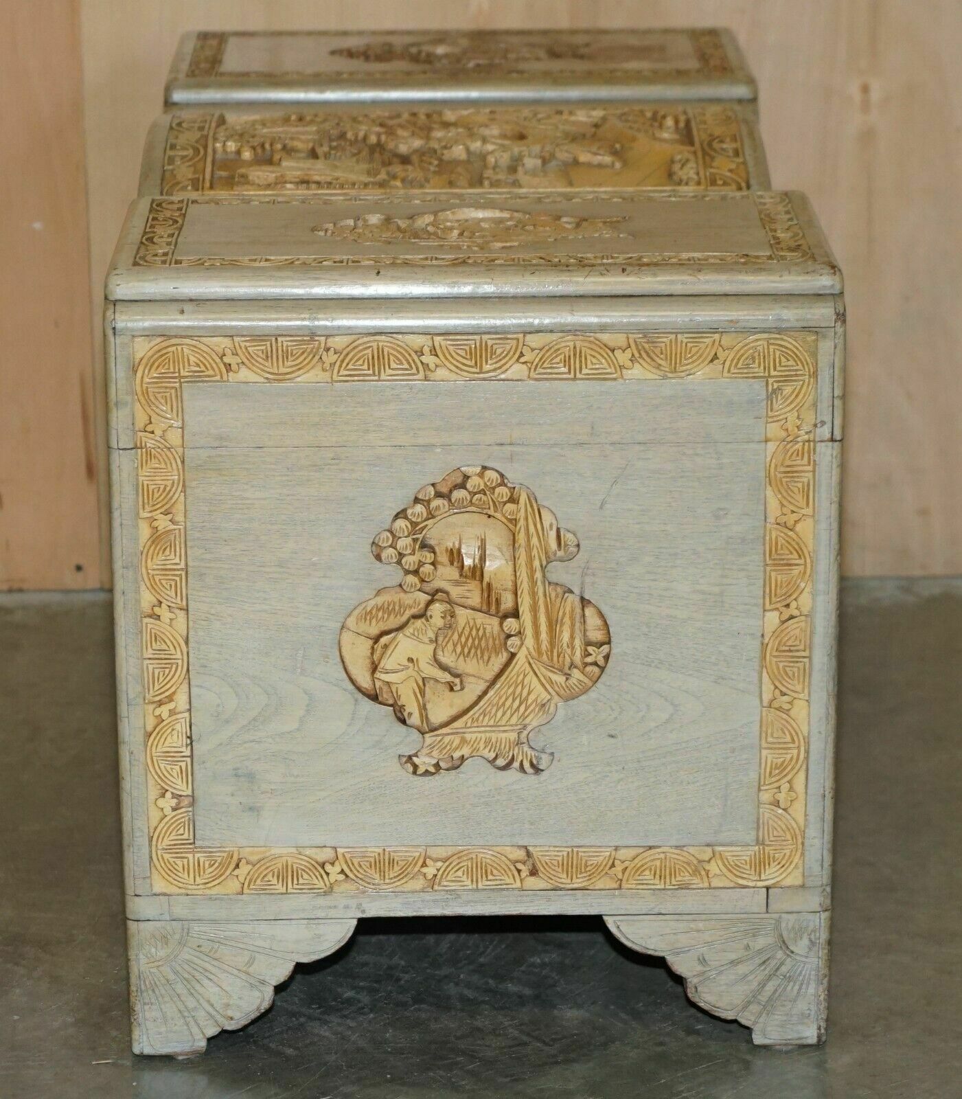 photo buy Antique Circa 1920's Chinese Export Heavily Carved Camphor Wood Linen Toy Chest