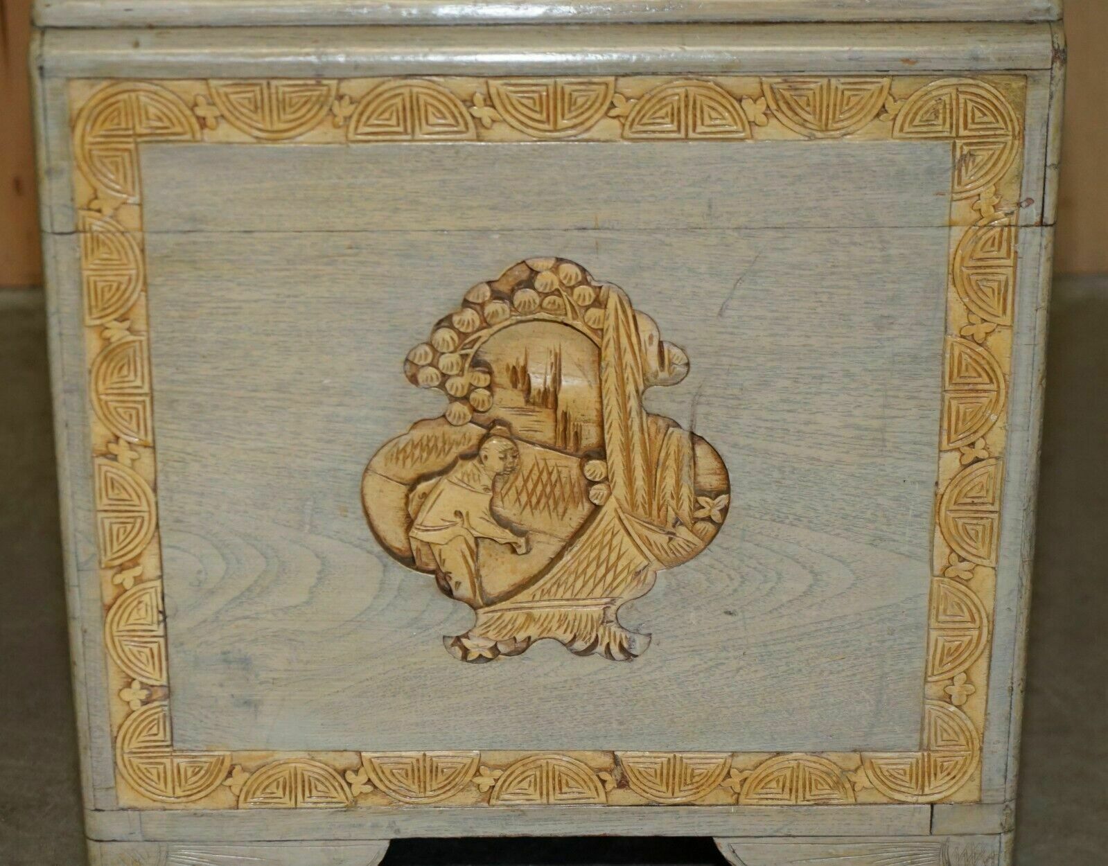 photo vintage Antique Circa 1920's Chinese Export Heavily Carved Camphor Wood Linen Toy Chest