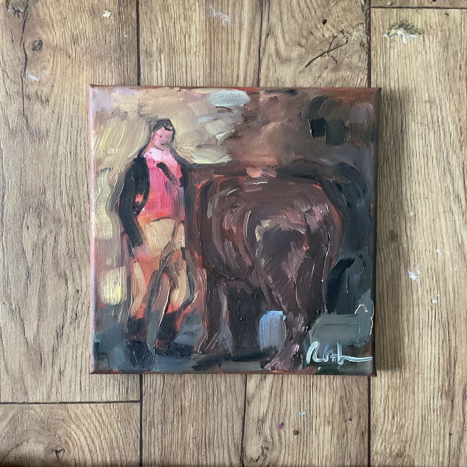 Original Oil Painting Man And Horse Signed Roth 8 X 8 Inches Art Gift Landscape photo for sale
