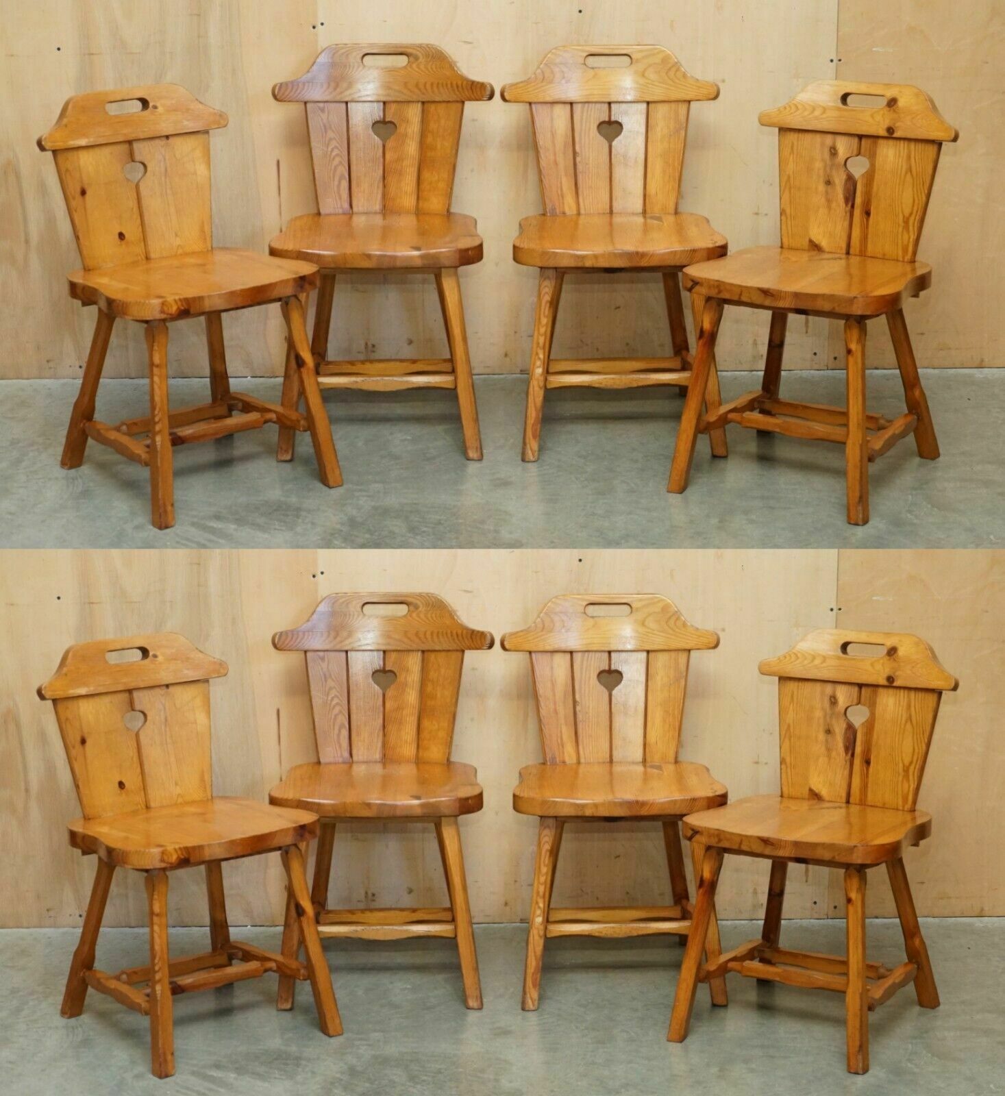 Suite Of Eight English Country House Vintage Pine Dining Chairs Heart Backs 8