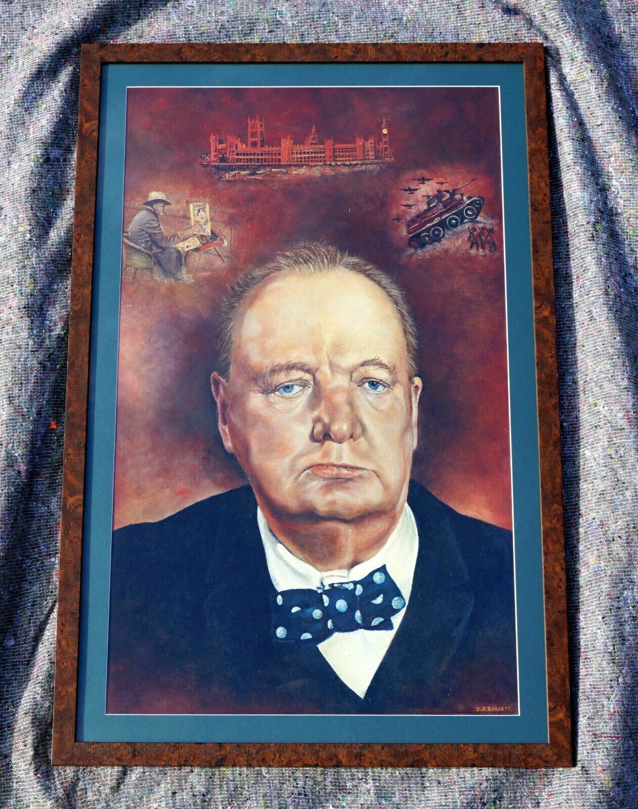 Lovely Winston Churchil Oil Painting Signed Jj Burrett Burr Oak Exhibition Frame