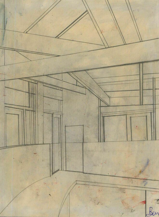 Ben Carrivick Contemporary Graphite Drawing, Architectural Interior