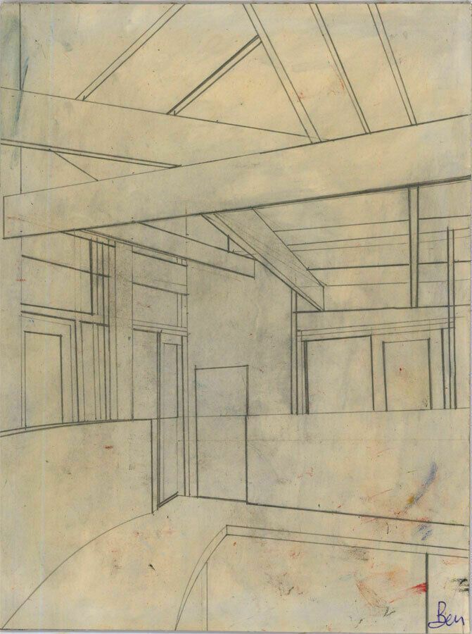 Ben Carrivick Contemporary Graphite Drawing, Architectural Interior photo furniture