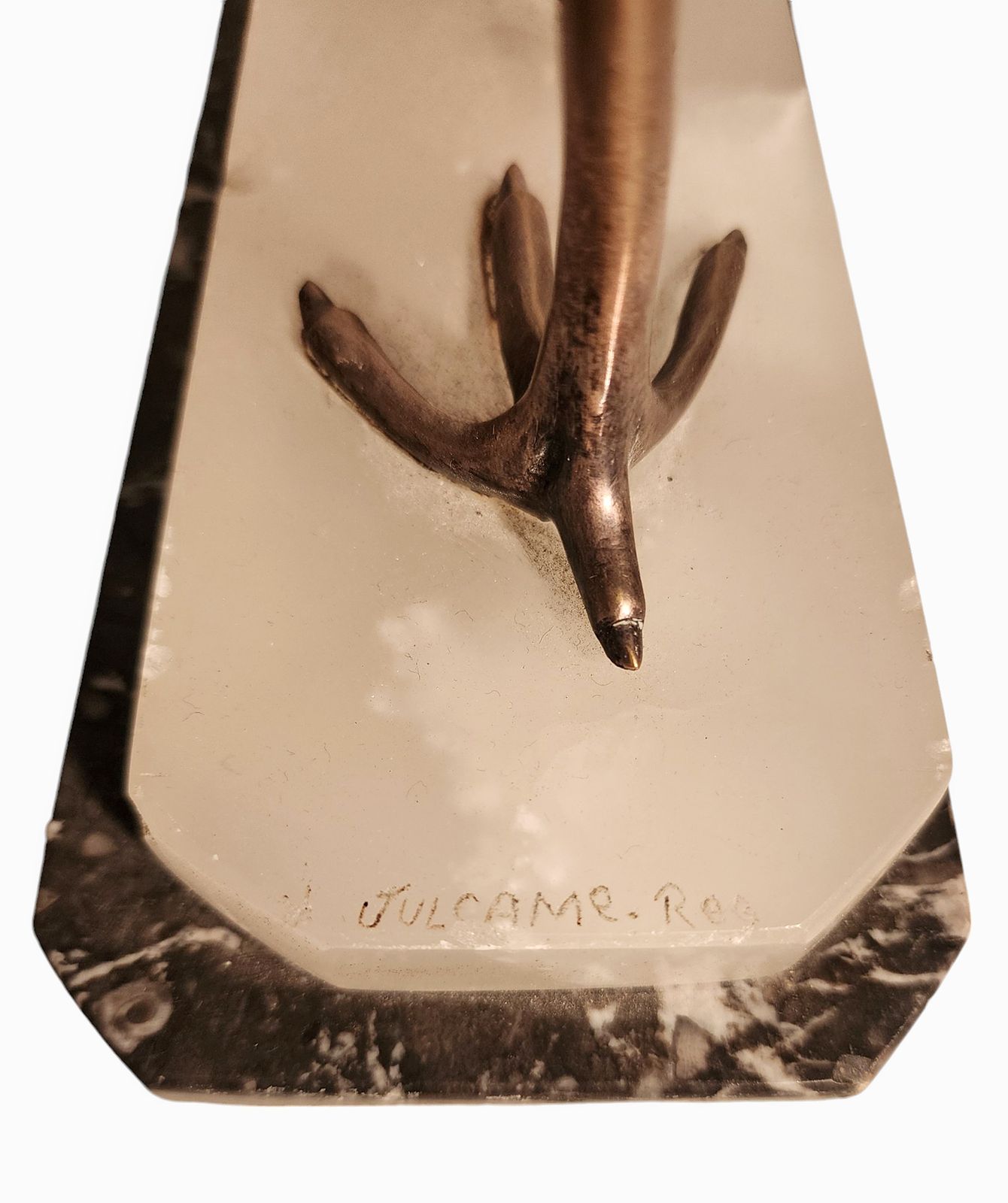 Art Déco Spelter Egret Sculpture With Marble And Alabaster Base Signed By Julcame Reg, France photo for sale