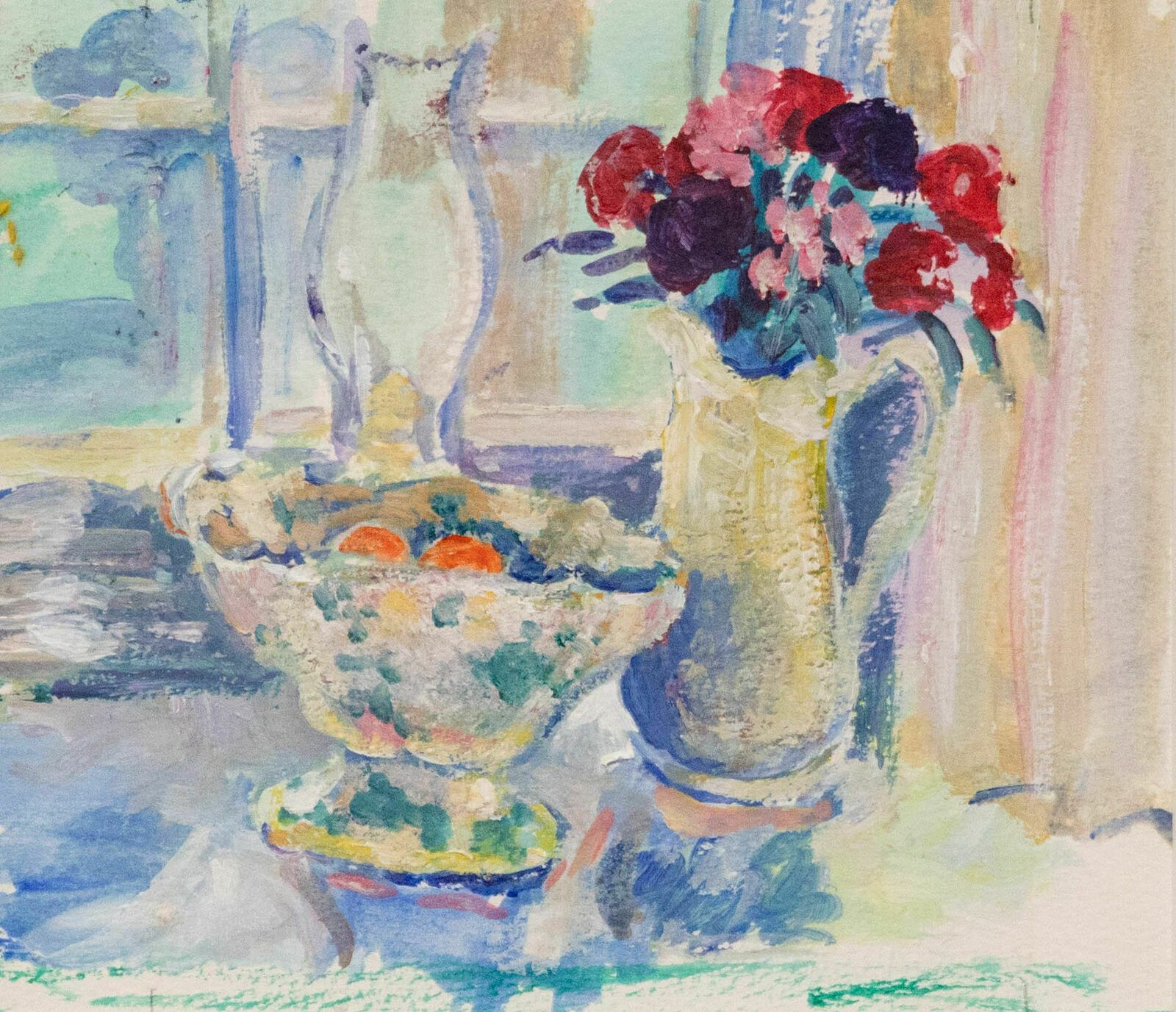 Rose Hughes Framed Contemporary Oil, Still Life Of Jug Flowers & Fruit photo furniture