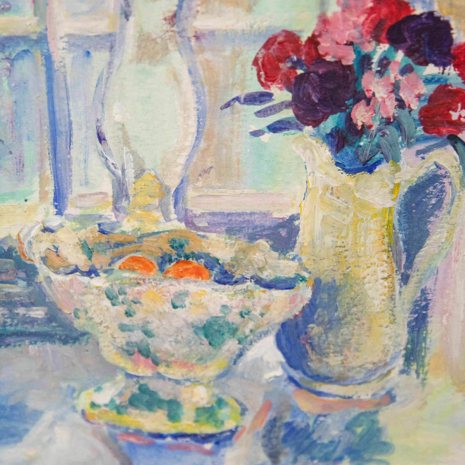 Rose Hughes Framed Contemporary Oil, Still Life Of Jug Flowers & Fruit photo Art