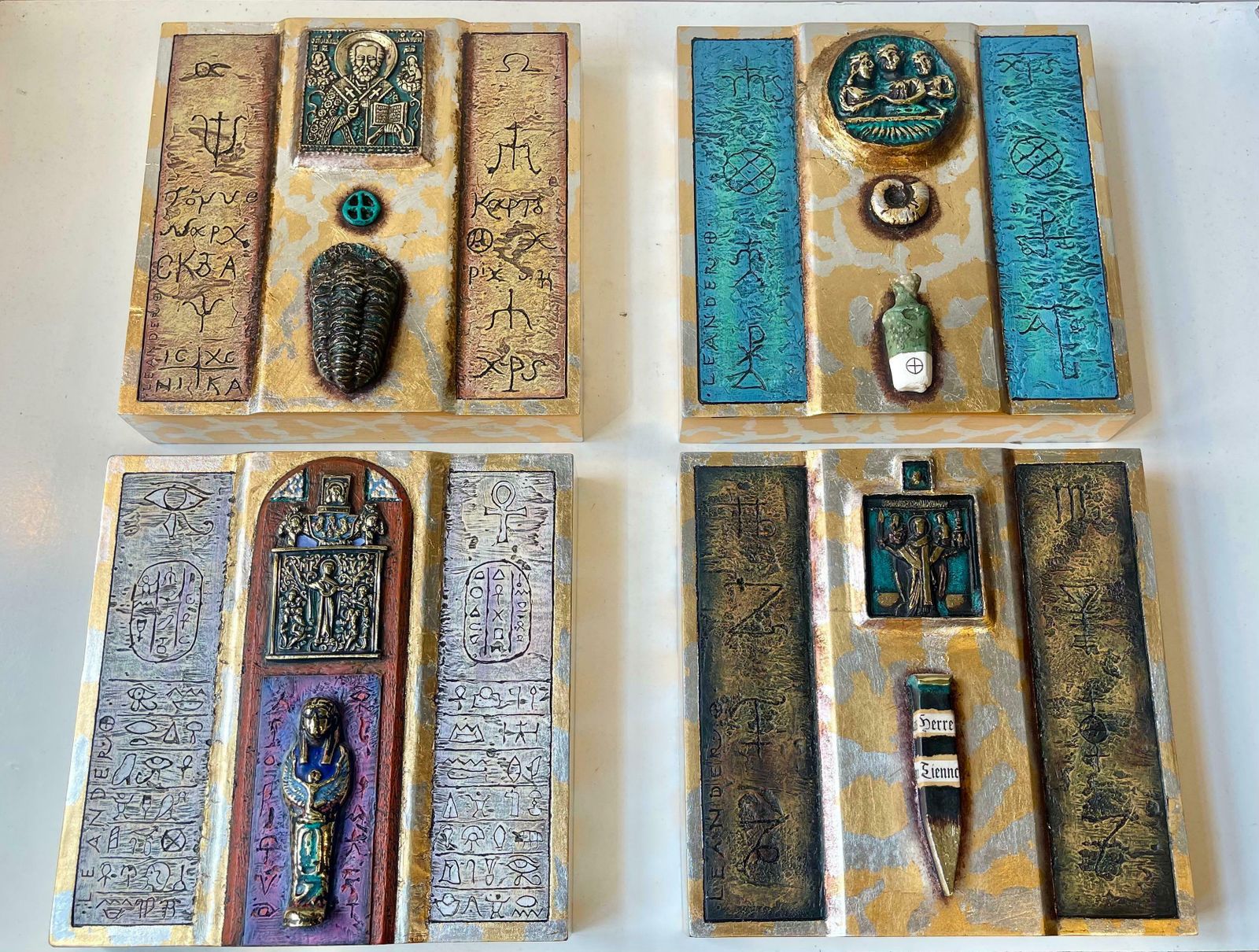 Modern Eclectic Icons In Ceramic & Bronze, Wall Hung, Set Of 4 photo Art