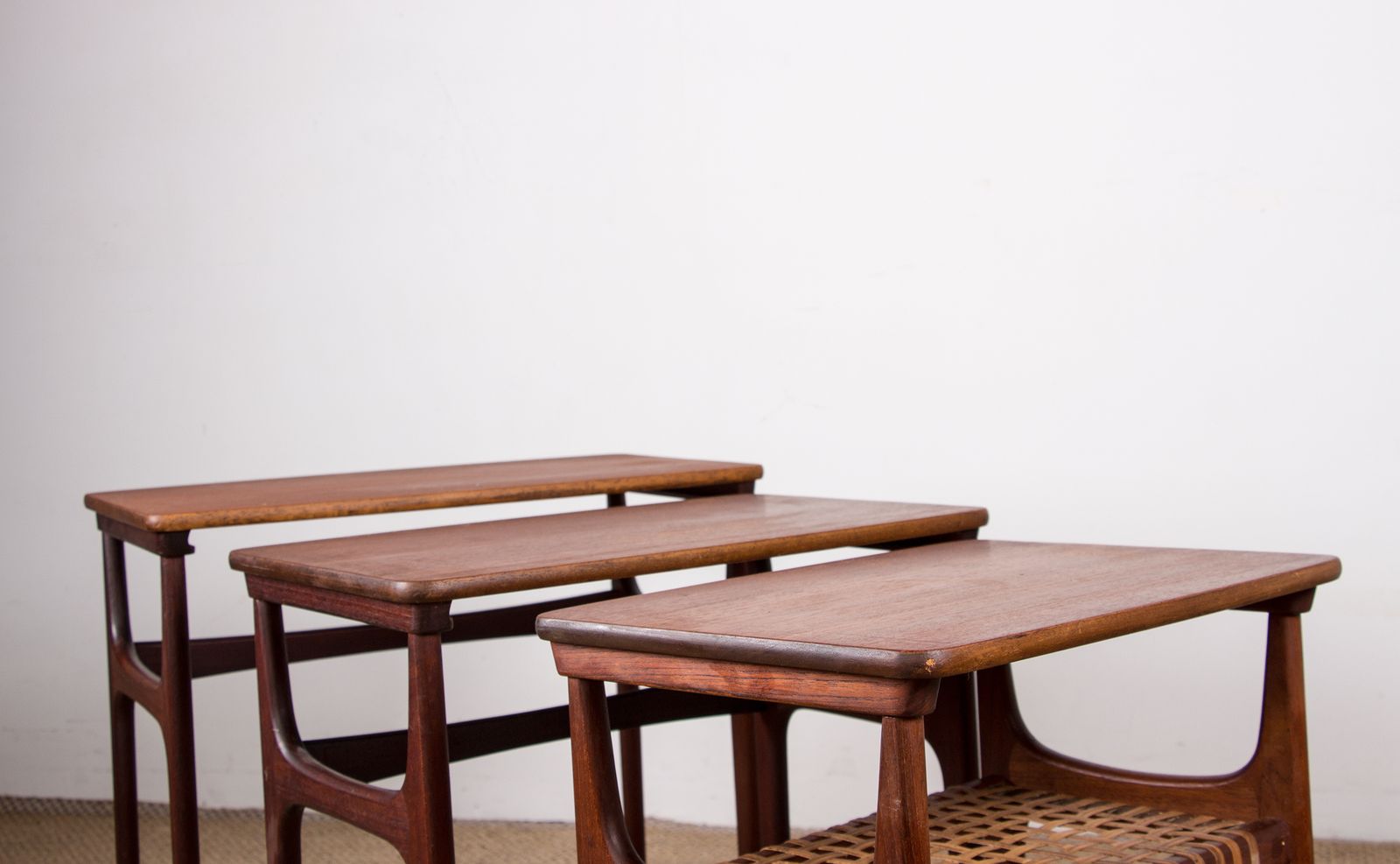 photo for sale Set Of Three Danish Nesting Tables In Teak And Cane By Erling Torvits For Heltborg Mobler 1960