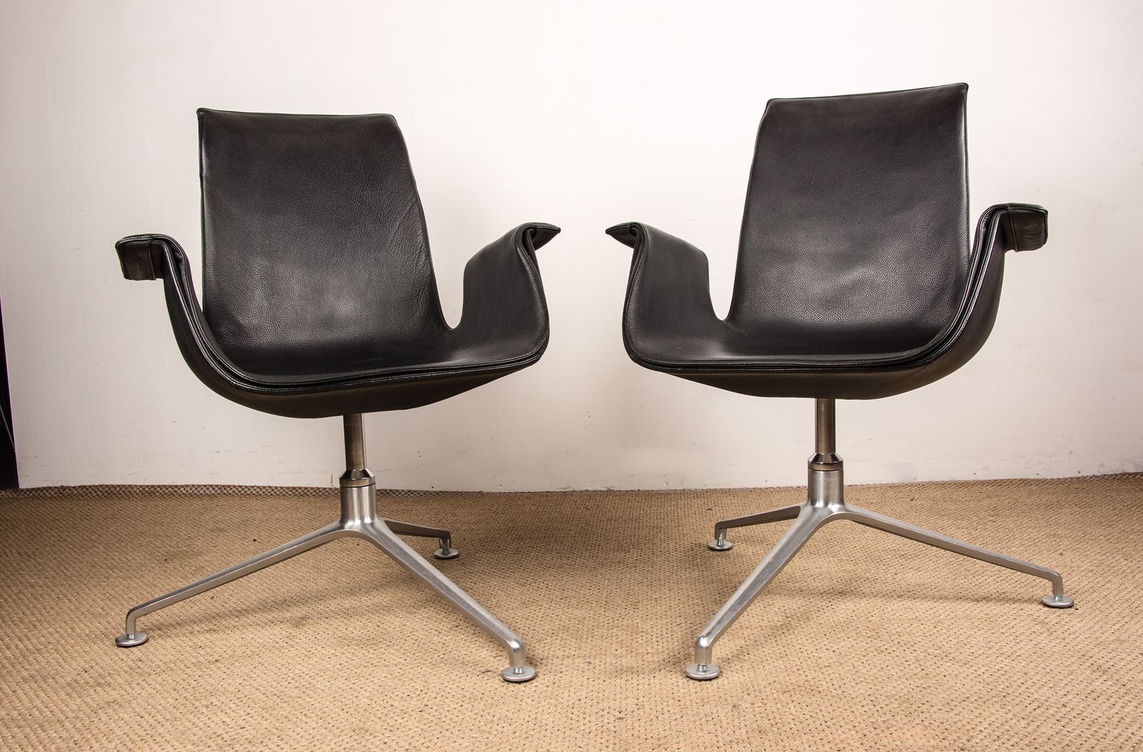 Pair Of Danish Armchairs In Black Leather And Chromed Steel, Model Fk 6725 Or “Tulip Chair” By Preben Fabricius And Jørgen Kastholm For Walter Knoll photo buy
