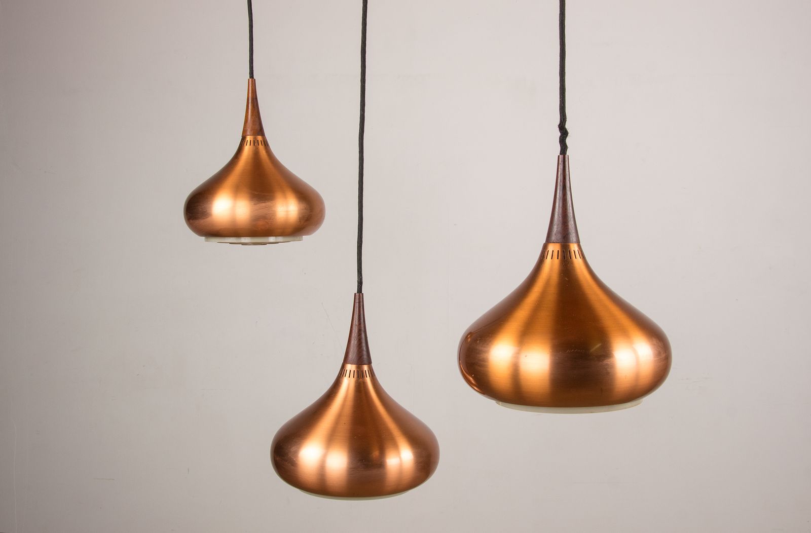 Large Danish Triple Pendant Lamp In Metal And Rosewood, Orient Model, By Jo Hammerborg For Fog & Mørup 1965. photo furniture