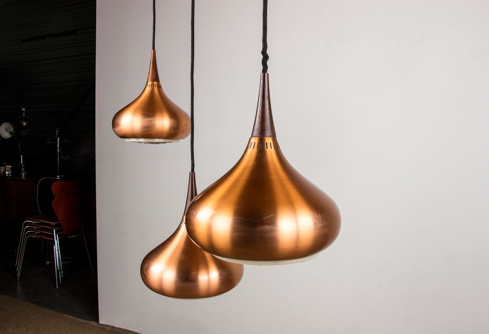 Large Danish Triple Pendant Lamp In Metal And Rosewood, Orient Model, By Jo Hammerborg For Fog & Mørup 1965. photo Lighting