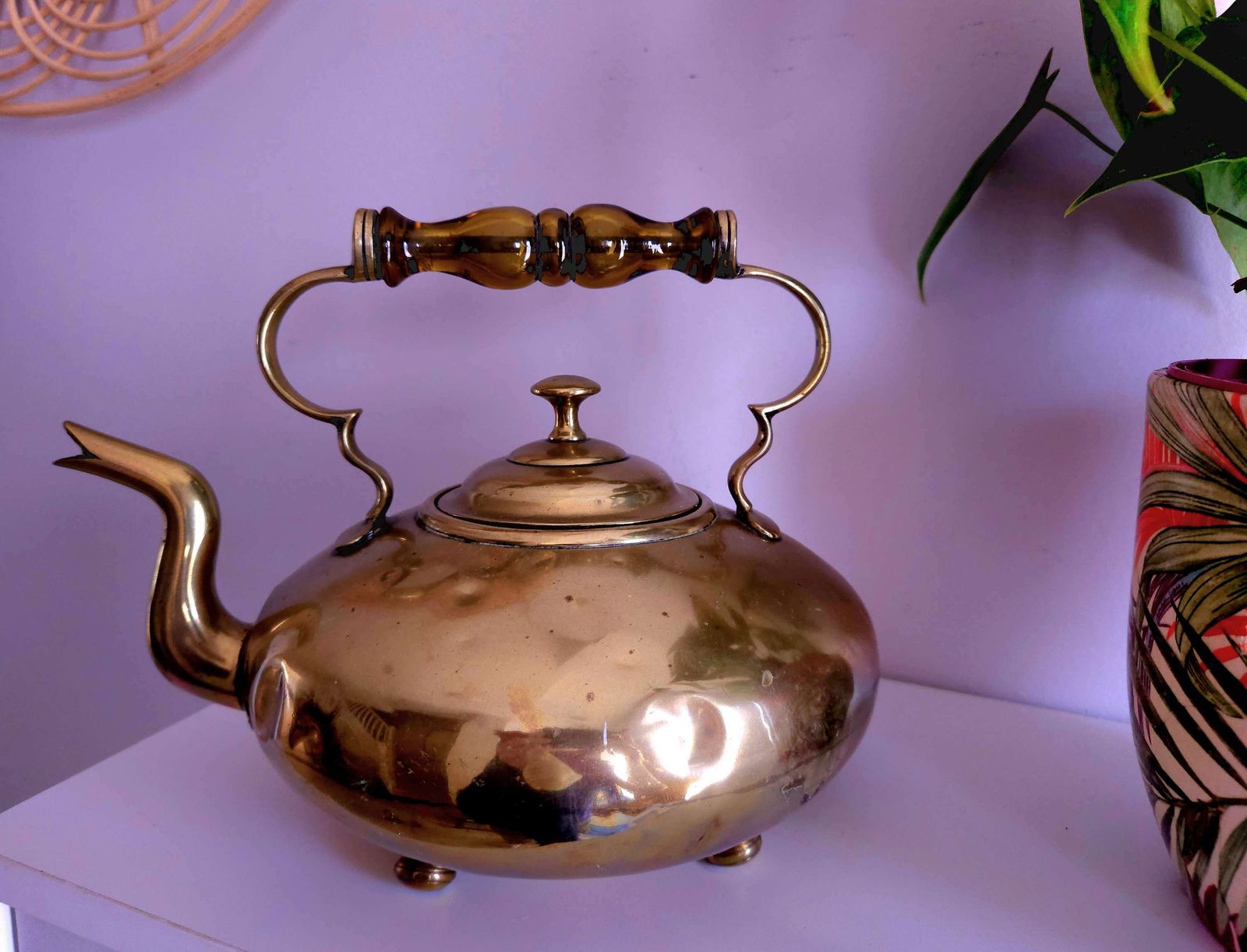 Antique Brass Kettle With Amber Glass Handle By J. Clews Of Birmingham photo furniture