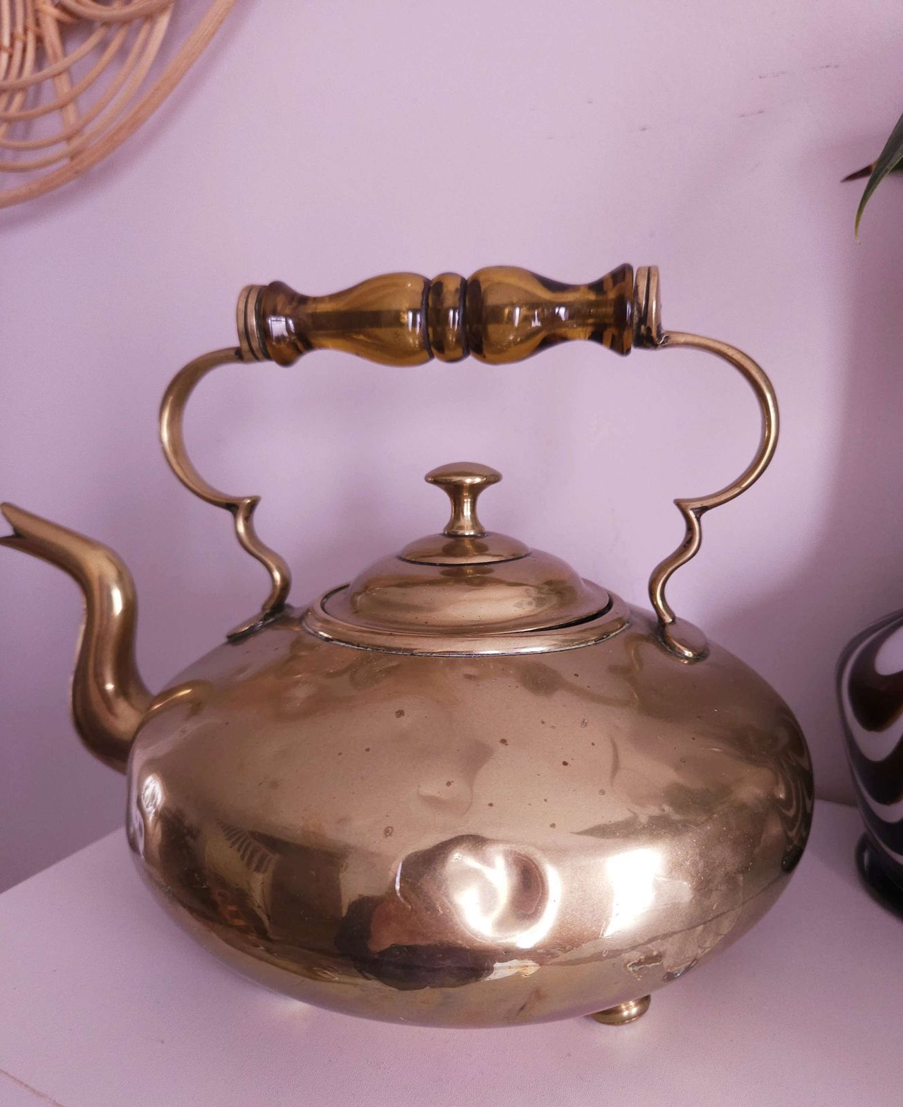 Antique Brass Kettle With Amber Glass Handle By J. Clews Of Birmingham photo buy