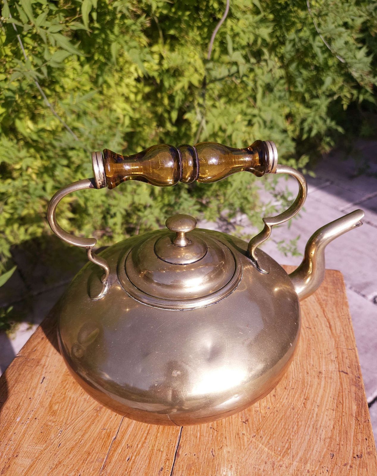 Antique Brass Kettle With Amber Glass Handle By J. Clews Of Birmingham photo vintage