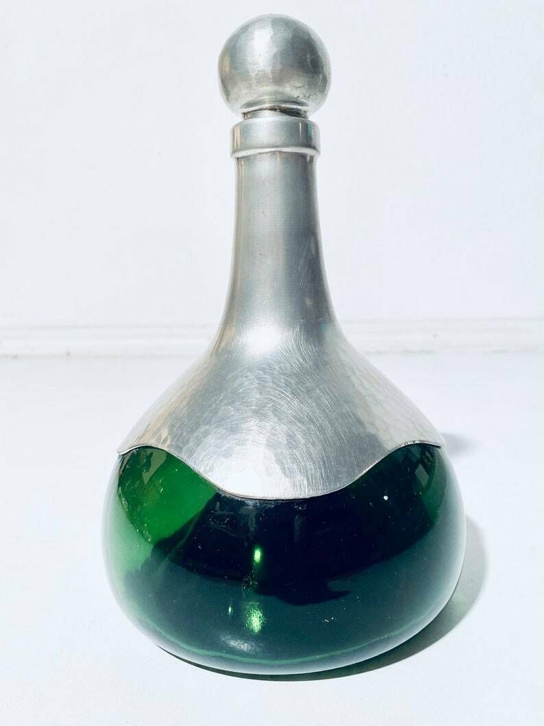 Art Deco Green Glass & Pewter Spirit Decanter France / Vintage Decor photo Home Decor